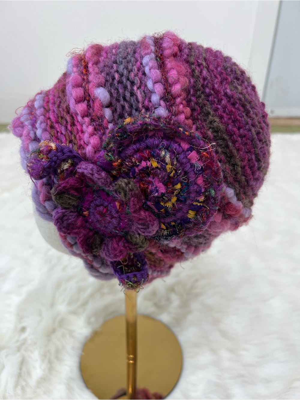 Y2K Hand knit 100% Wool Floral Accent Beanie - Women Made in Nepal